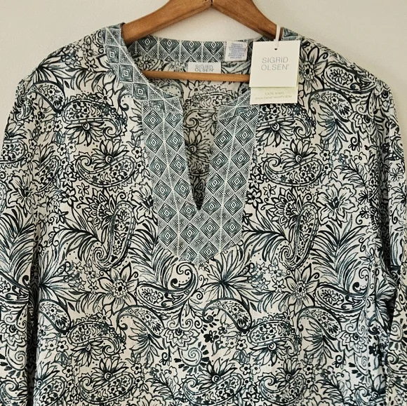 Sigrid Olsen Womens Tunic top XL Linen Floral Boho Beach Resort Lightweight - Picture 2 of 8